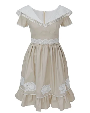 Rochie evazata cu insertii din dantela crosetata Eliana, Alb/Maro taupe deschis