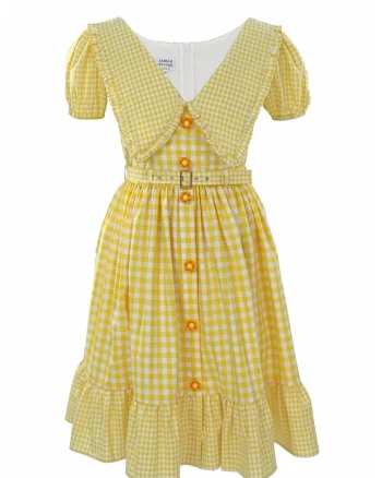 Rochie cu model in carouri si guler amplu Luna, Alb/Galben