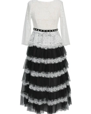 Rochie midi stratificata cu insertii de dantela Marie, Alb/Negru