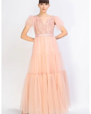 Rochie evazata stratificata cu insertii din tul, Piersica