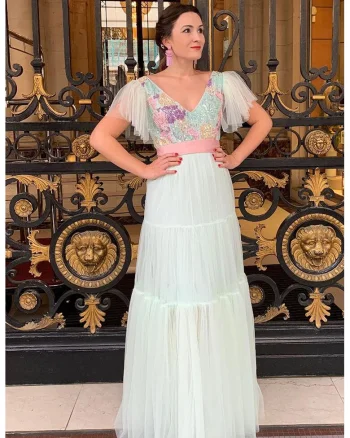 Rochie maxi cu decolteu in V si broderie in partea de sus Medeea, Violet/Verde pal/Roz pal