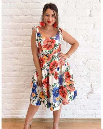 Rochie midi evazata cu imprimeu floral, Verde/Portocaliu stins/Alb murdar