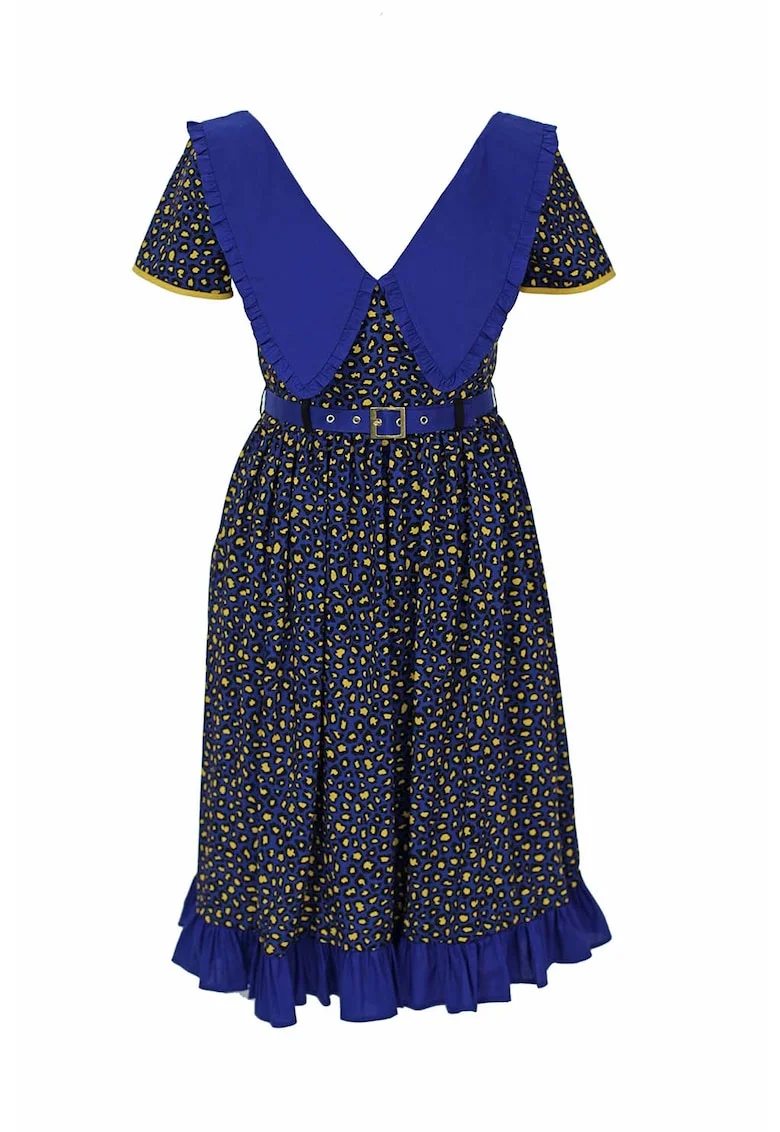 Rochie evazata cu guler Peter Pan supradimensionat Cecile, Negru/Galben/Albastru royal