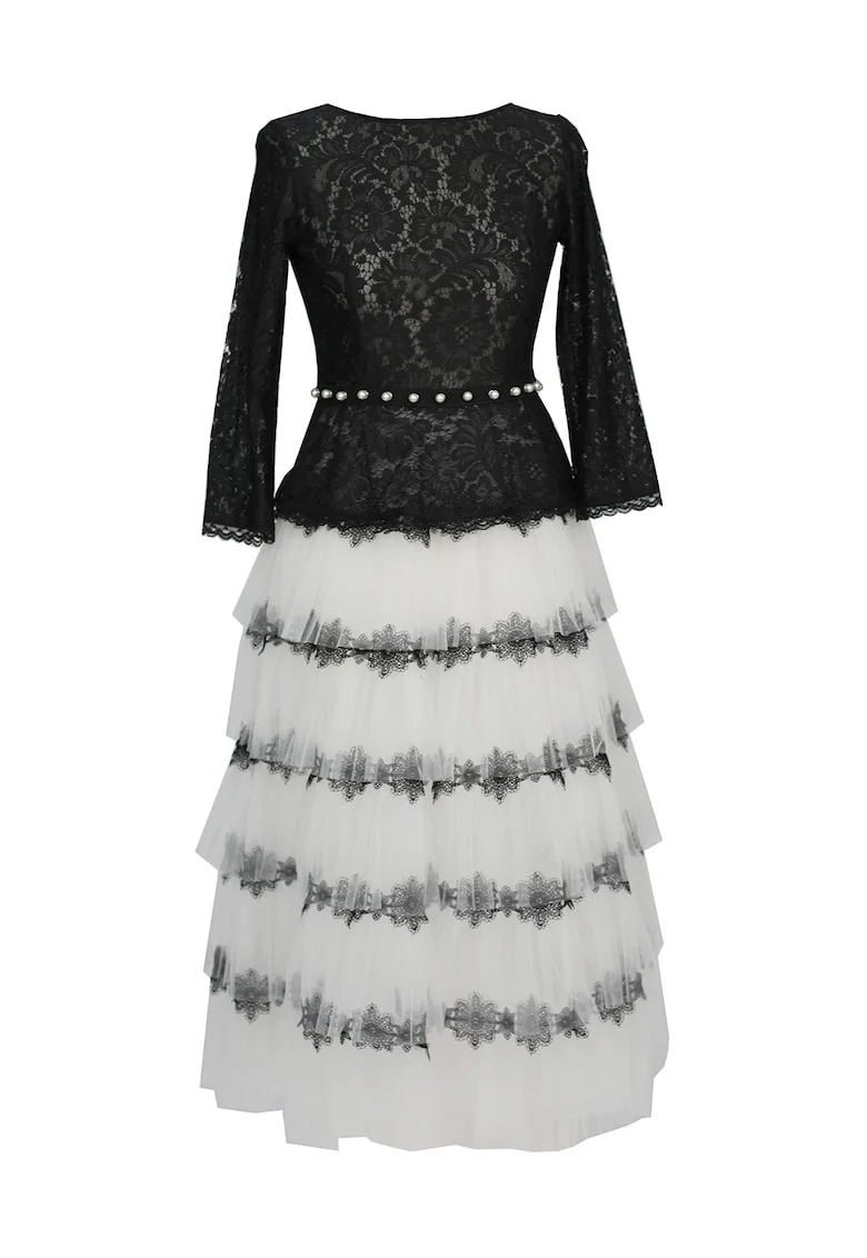 Rochie midi stratificata cu insertii de dantela Marie, Alb/Negru