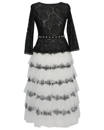 Rochie midi stratificata cu insertii de dantela Marie, Alb/Negru