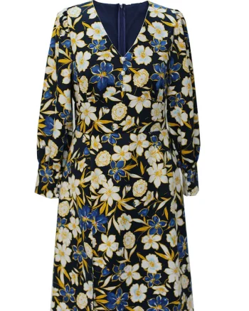 Rochie cu model floral si decolteu in V Poesie, Negru/Galben/Albastru