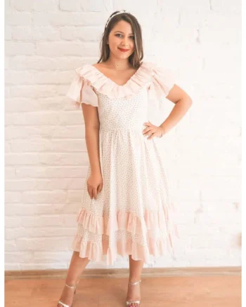Patricia powder pink and white midi dress, Alb/Roz