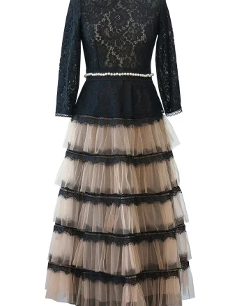 Rochie midi stratificata cu insertii de dantela Marie, Negru/Bej