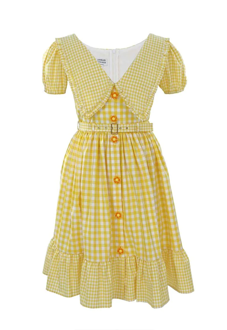 Rochie cu model in carouri si guler amplu Luna, Alb/Galben sofran