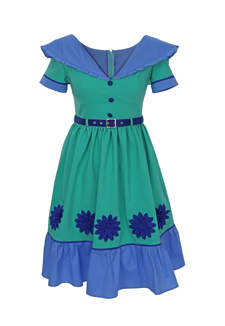 Rochie evazata cu model colorblock si aplicatii florale Gilda, Verde/Albastru