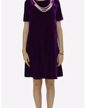 Rochie din catifea cu croiala in A si margele perlate Ama, Violet aubergine