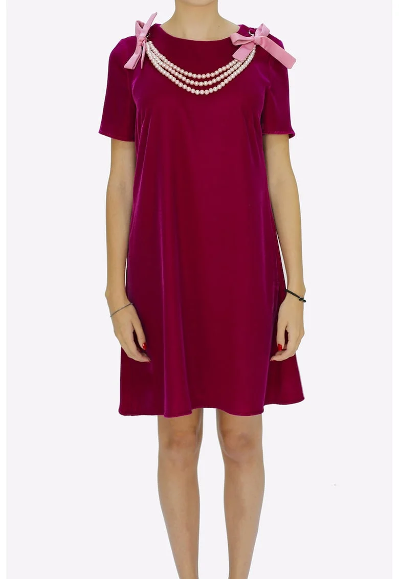 Rochie din catifea cu croiala in A si margele perlate Ama, Roz zmeuriu