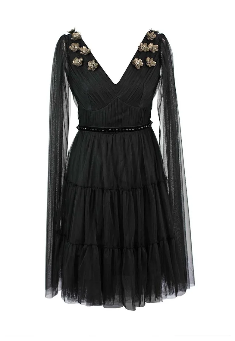 Rochie evazata cu decolteu in V si aplicatii florale, Negru/Grej