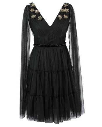 Rochie evazata cu decolteu in V si aplicatii florale, Negru/Grej