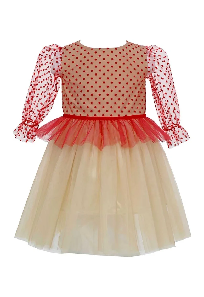 Rochie evazata cu strat exterior din tul Eliana, Rosu/Bej