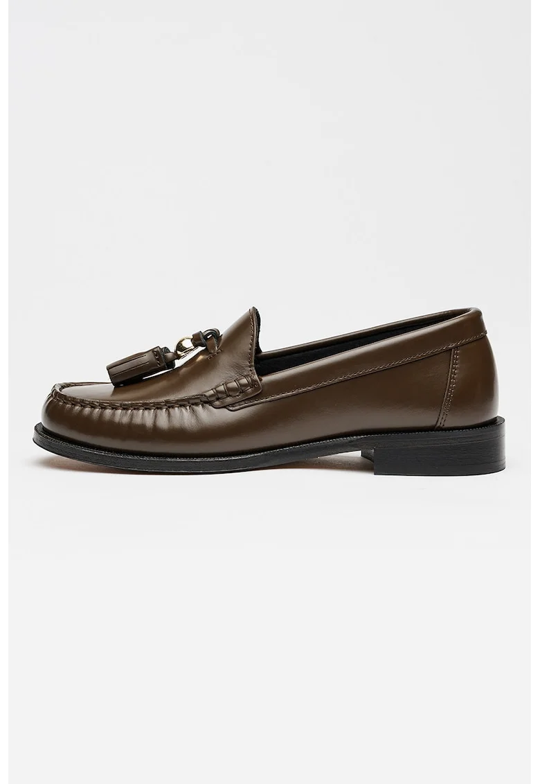 Pantofi loafer din piele cu detaliu canaf, Maro inchis