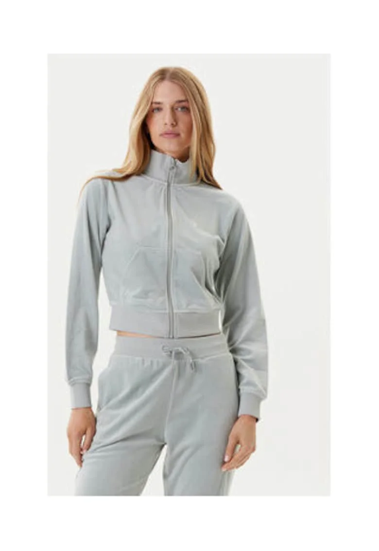 Bluza de trening cu fermoar, guler inalt si aspect de catifdwqfa, Verde menta prafuit