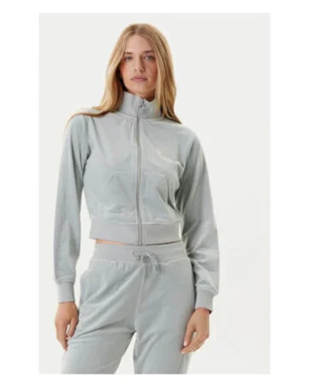 Bluza de trening cu fermoar, guler inalt si aspect de catifdwqfa, Verde menta prafuit
