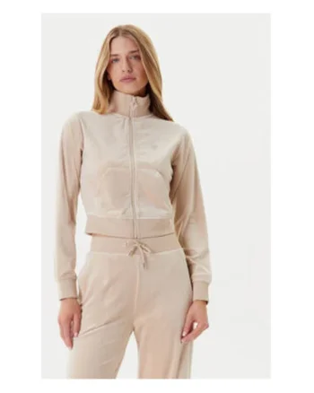 Bluza de trening cu fermoar, guler inalt si aspect de catifdwqfa, Bej