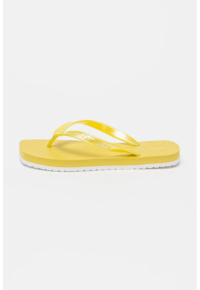 Papuci flip-flop cu logo in relief si varf patrat, Galben mustar
