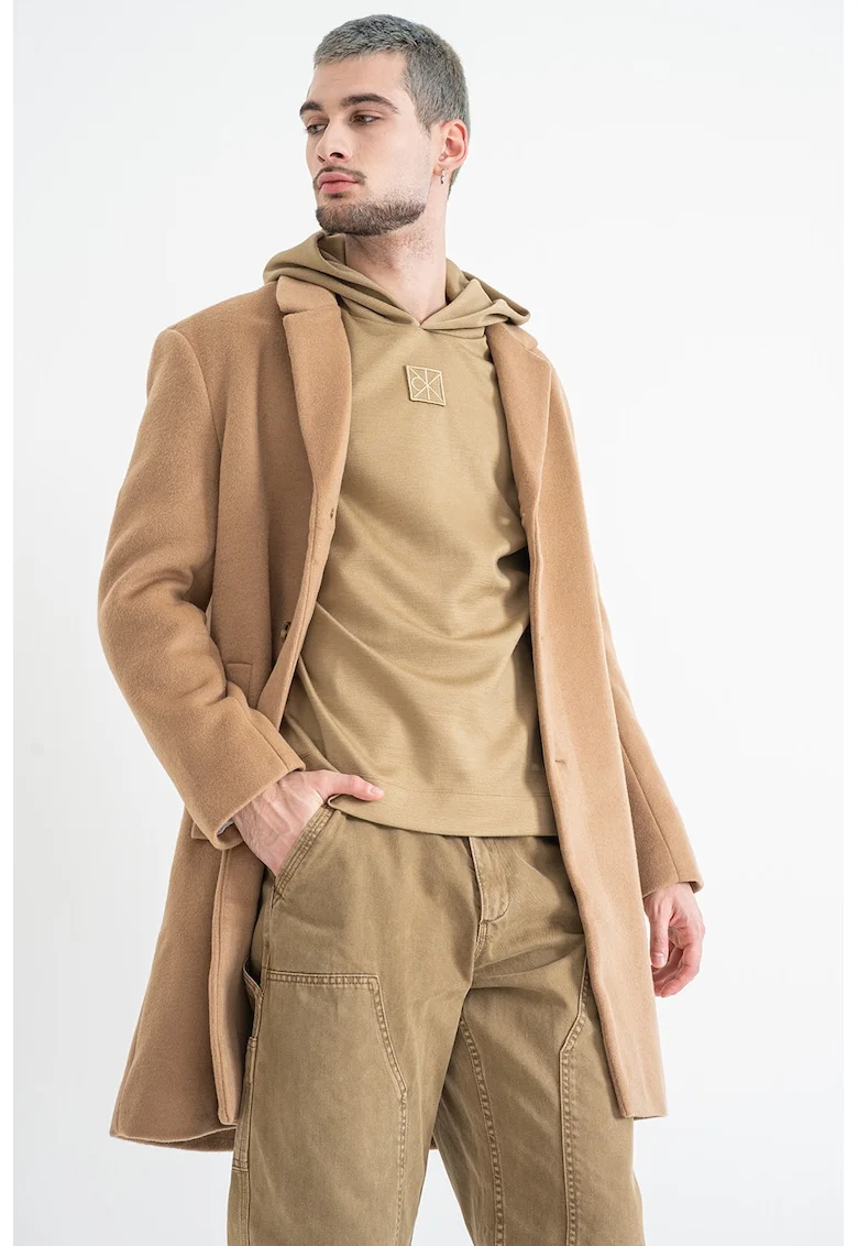 Palton uni din amestec de lana, Maro camel