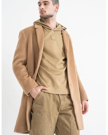 Palton uni din amestec de lana, Maro camel