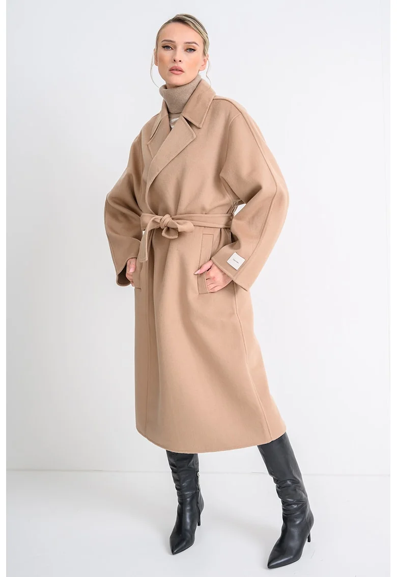 Palton din amestec de lana cu cordon Hero, Maro camel