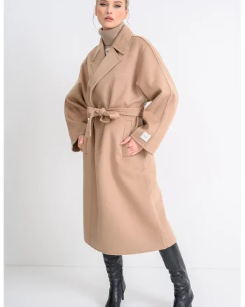 Palton din amestec de lana cu cordon Hero, Maro camel