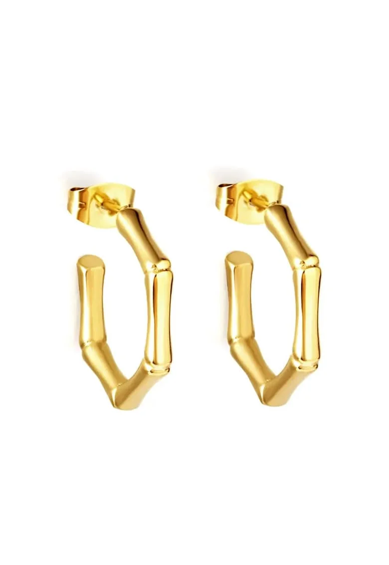 Cercei aurii, din otel inoxidabil, suflati cu aur 18k, forma hexagonala, minimalista, Keyla C2