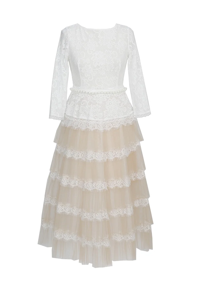Rochie midi stratificata cu insertii de dantela Marie, Alb/Bej