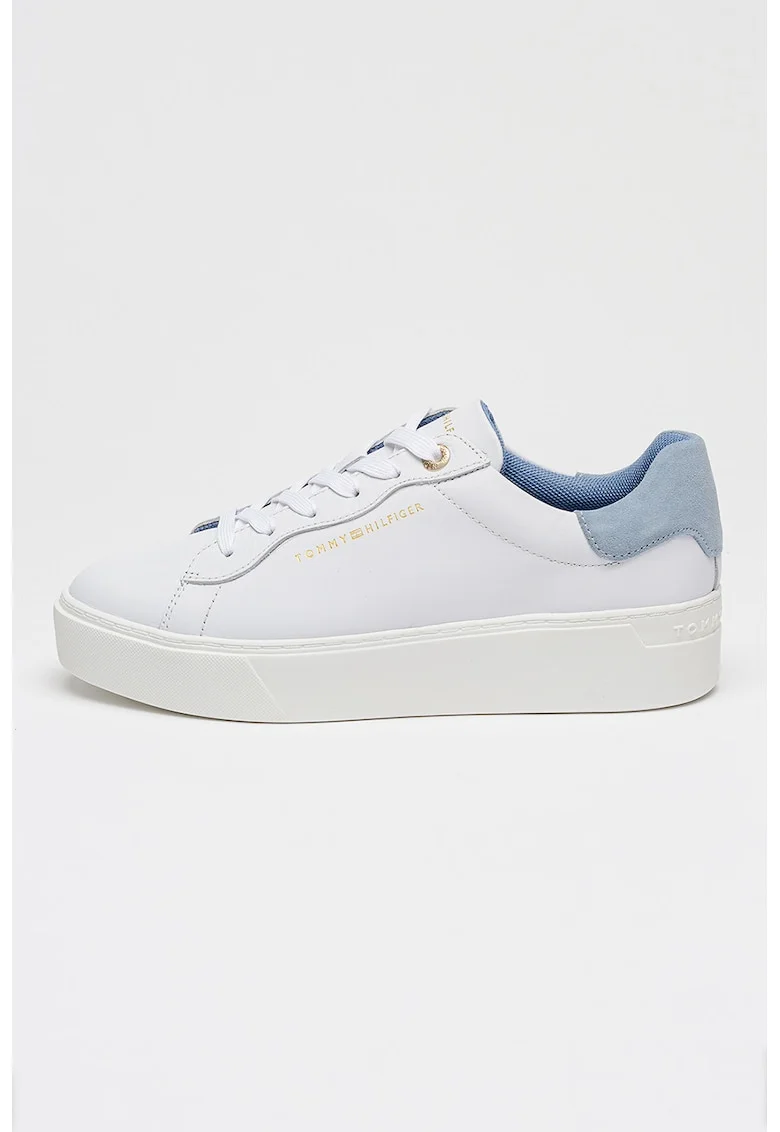 Pantofi sport flatform de piele cu logo, Albastru prafuit/Alb optic