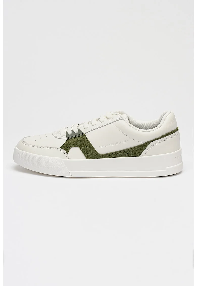 Pantofi sport Court Craft de piele cu garnituri contrastante de piele intoarsa, Alb optic/Verde feriga