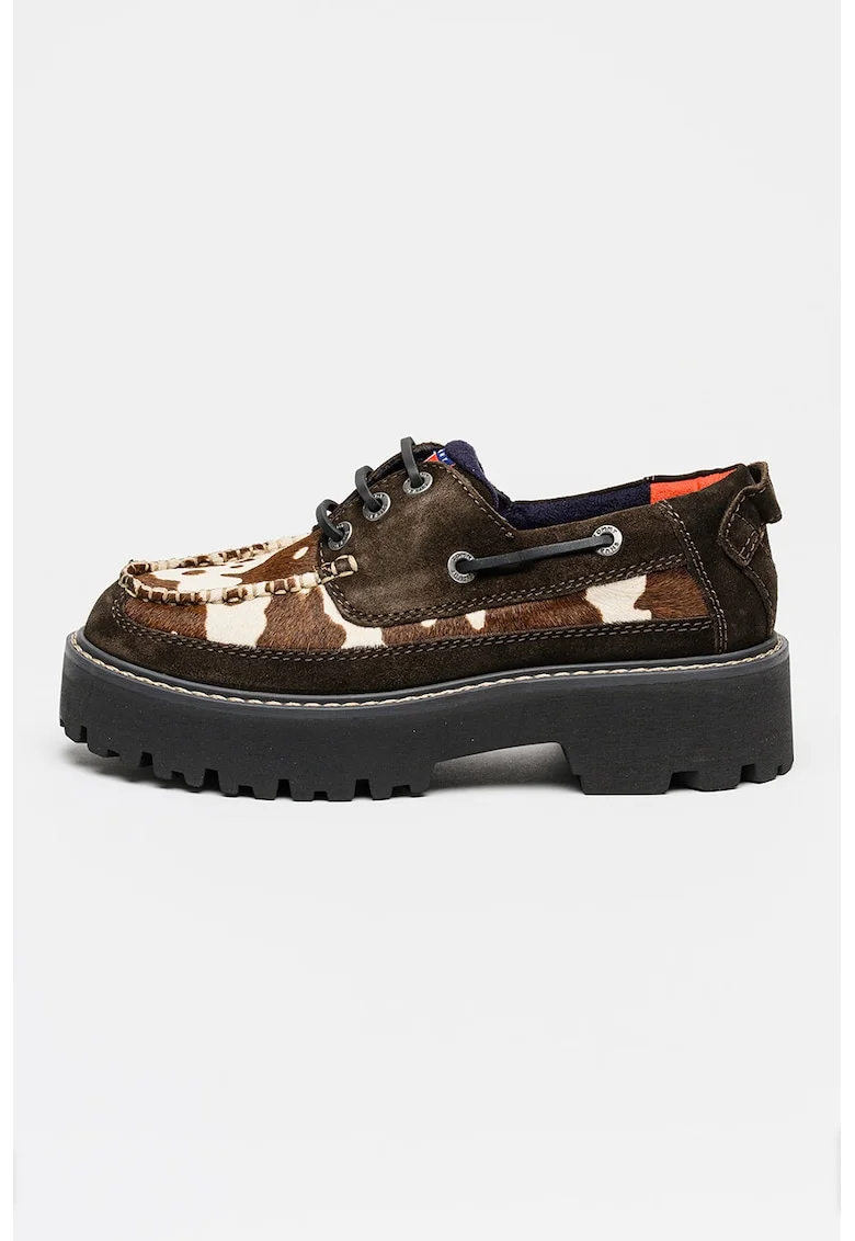 Pantofi boat cu aspect masiv din piele cu par scurt, Negru/Caramel/Alb murdar