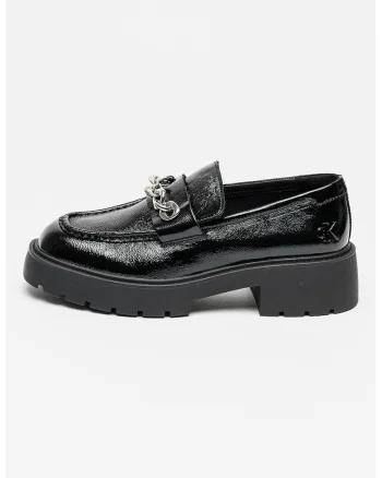 Pantofi loafer de piele cu toc si detaliu lant, Negru/Argintiu