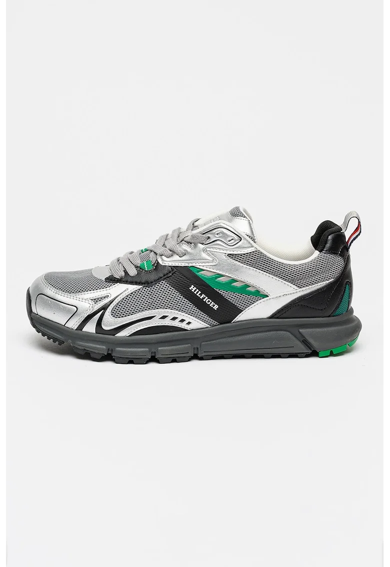 Pantofi sport cu garnituri de piele ecologica, Verde/Negru stins/Argintiu