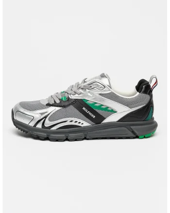 Pantofi sport cu garnituri de piele ecologica, Verde/Negru stins/Argintiu