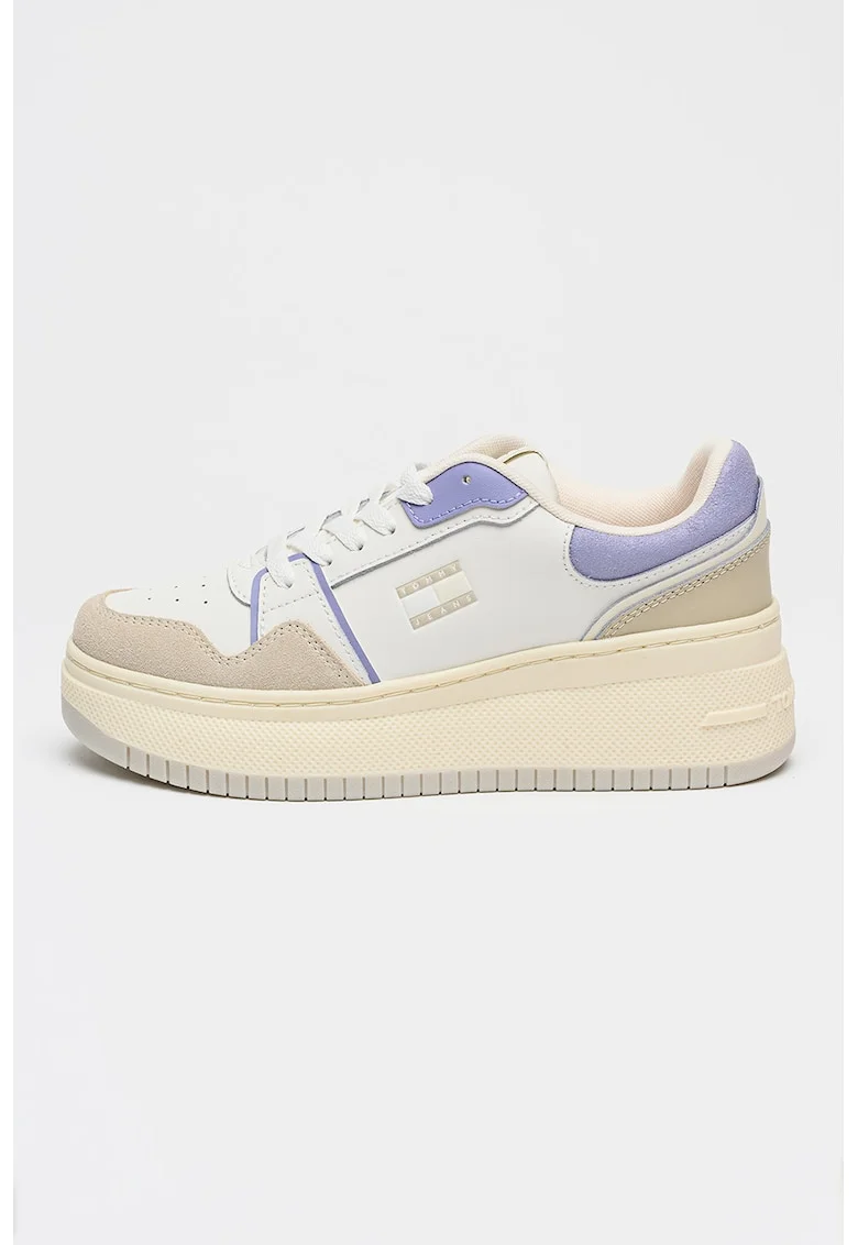 Pantofi sport wedge de piele si piele intoarsa Retro, Albastru lavanda/Maro taupe deschis/Alb murdar