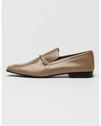 Pantofi loafer de piele intoarsa cu detaliu metalic, Bej inchis