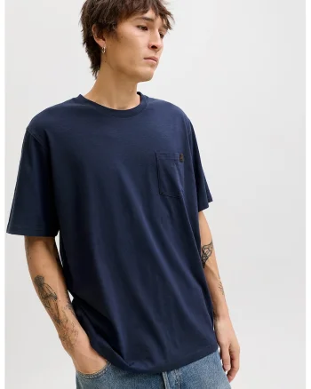 Tricou din amestec de bumbac organic cu buzunar aplicat pe piept, Bleumarin
