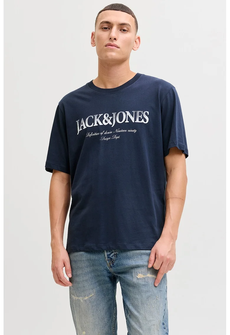 Tricou din bumbac cu logo, Alb/Bleumarin