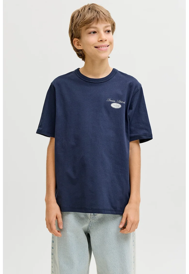 Tricou cu decolteu la baza gatului si imprimeu, Alb/Bleumarin