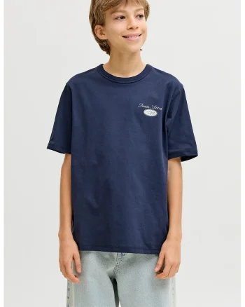 Tricou cu decolteu la baza gatului si imprimeu, Alb/Bleumarin