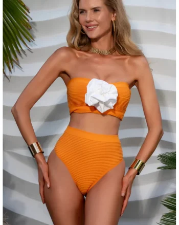 Costum de baie din 2 piese "Crinkle Sculpt", tip bandeau, material elastic, modelator, Portocaliu