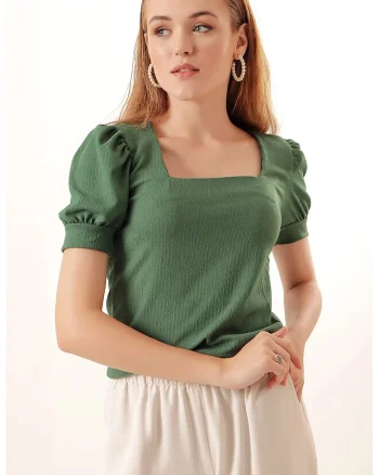 Bluza dama,  Slim Fit, guler patrat, verde smarald, jerseu