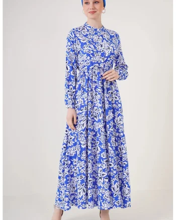 Rochie maxi dama,  cu model, alb/albastru, din viscoza