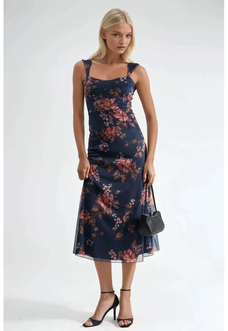 Rochie maxi,  Florala, Bleumarin, Jerseu