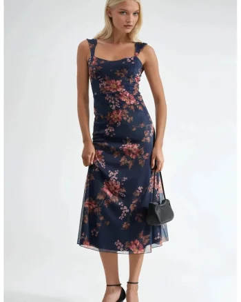 Rochie maxi,  Florala, Bleumarin, Jerseu