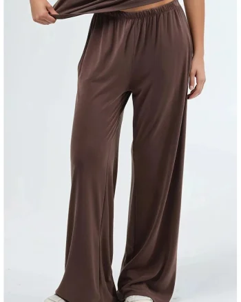Pantaloni dama  talie elastica, croiala dreapta, maro, textil