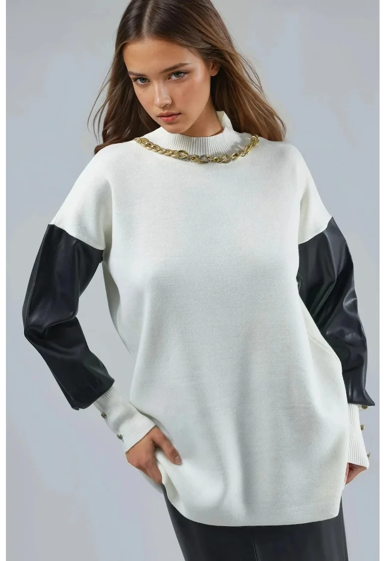 Pulover dama,  detalii din piele ecologica, alb, acril, One Size