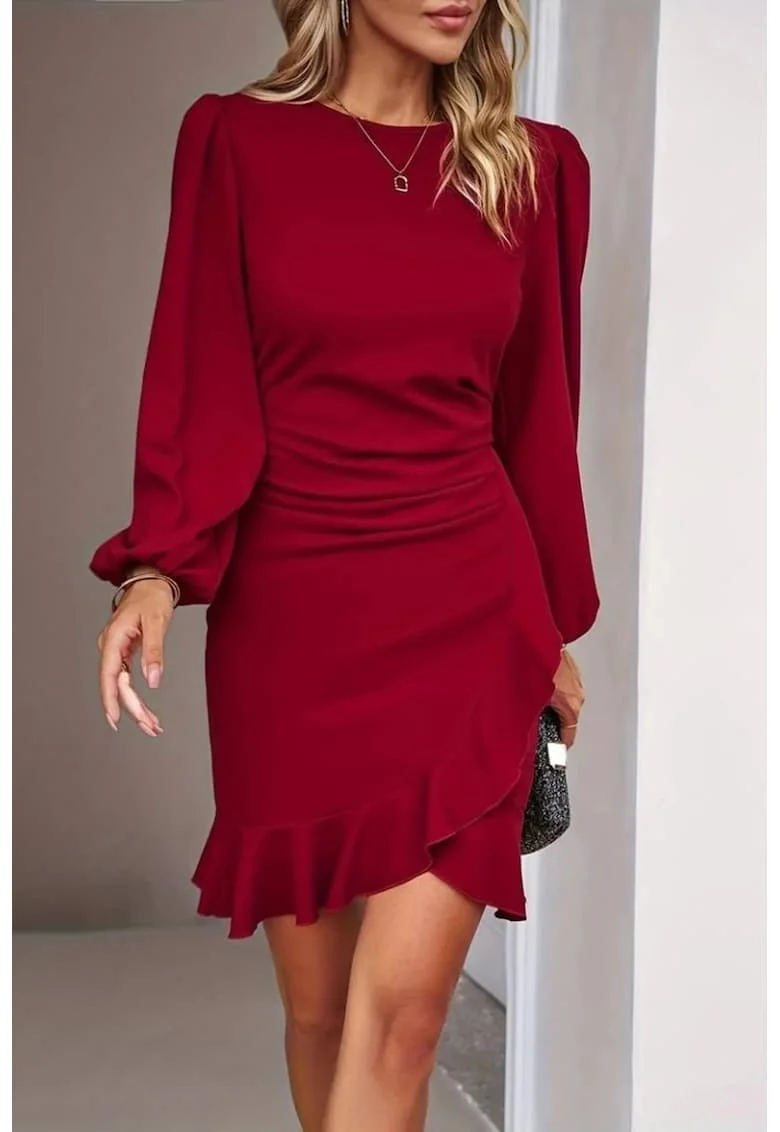 Rochie Midi  guler rotund, cu volanase, rosu, crep